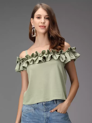 TANDUL  Casual Shoulder Straps Solid Women Green Top