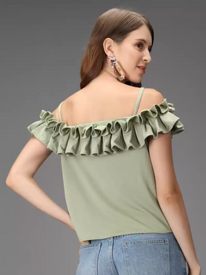 TANDUL  Casual Shoulder Straps Solid Women Green Top