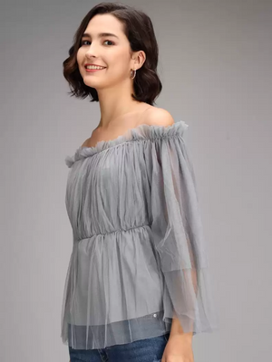 TANDUL  Casual Regular Sleeves Striped Women Grey Top