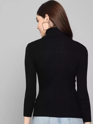 TANDUL  Solid Turtle Neck Casual Women Black Sweater