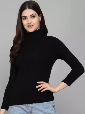 TANDUL  Solid Turtle Neck Casual Women Black Sweater