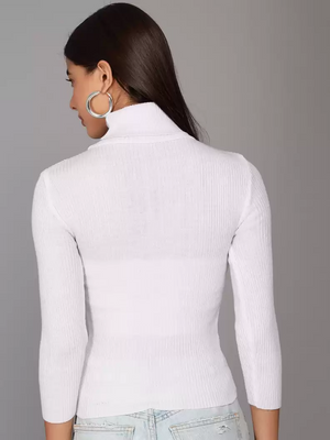TANDUL  Self Design High Neck Casual Women White Sweater