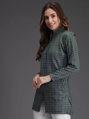 TANDUL  Printed Collared Neck Casual Women Green Sweater