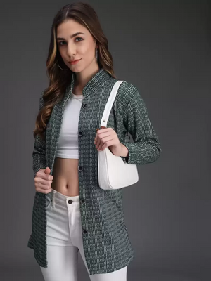 TANDUL  Printed Collared Neck Casual Women Green Sweater