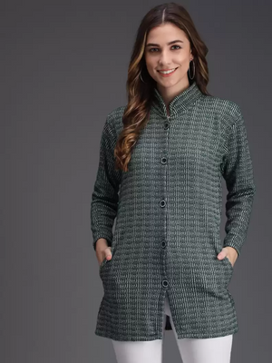 TANDUL  Printed Collared Neck Casual Women Green Sweater