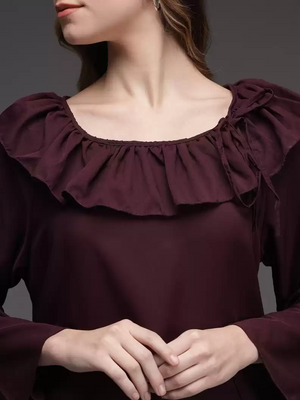 TANDUL  Casual Bell Sleeves Solid Women Maroon Top