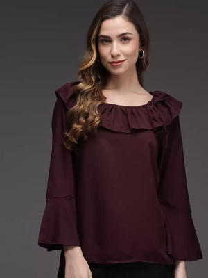 TANDUL  Casual Bell Sleeves Solid Women Maroon Top