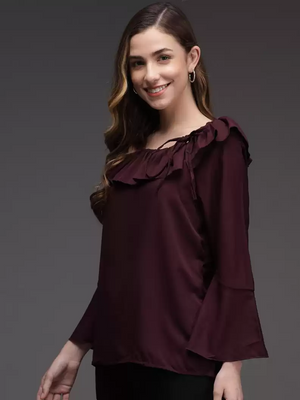 TANDUL  Casual Bell Sleeves Solid Women Maroon Top