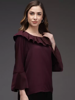 TANDUL  Casual Bell Sleeves Solid Women Maroon Top