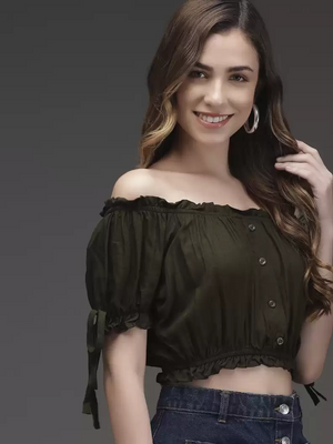 TANDUL  Casual Cold Shoulder Sleeves Solid Women Green Top