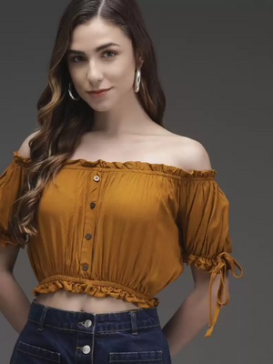 TANDUL  Casual Cold Shoulder Sleeves Solid Women Yellow Top