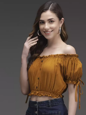 TANDUL  Casual Cold Shoulder Sleeves Solid Women Yellow Top