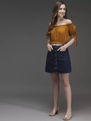 TANDUL  Casual Cold Shoulder Sleeves Solid Women Yellow Top