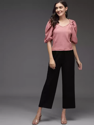 TANDUL  Casual Puff Sleeves Solid Women Pink Top