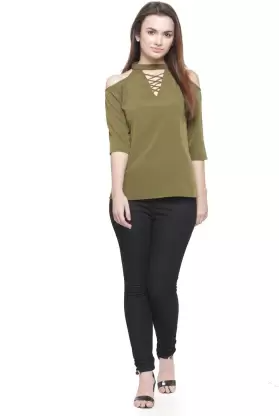 Casual Solid Women Dark Green Top