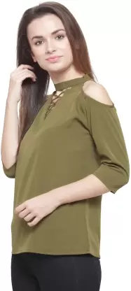 Casual Solid Women Dark Green Top