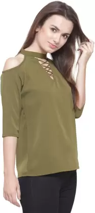 Casual Solid Women Dark Green Top