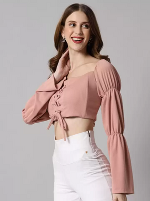 TANDUL  Casual Flared Sleeves Solid Women Pink Top