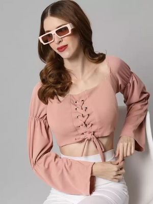 TANDUL  Casual Flared Sleeves Solid Women Pink Top