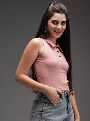 TANDUL  Casual Sleeveless Solid Women Pink Top