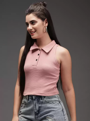 TANDUL  Casual Sleeveless Solid Women Pink Top
