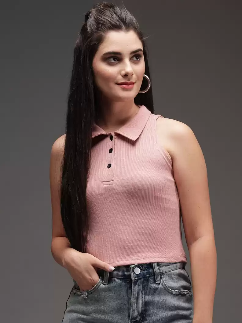 TANDUL  Casual Sleeveless Solid Women Pink Top