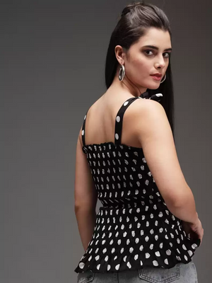 TANDUL  Casual Sleeveless Printed Women White, Black Top