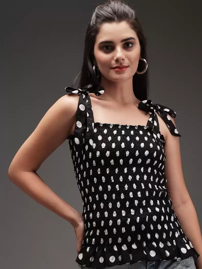TANDUL  Casual Sleeveless Printed Women White, Black Top