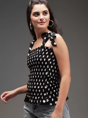 TANDUL  Casual Sleeveless Printed Women White, Black Top
