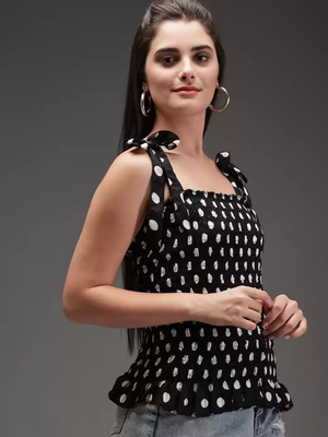 TANDUL  Casual Sleeveless Printed Women White, Black Top
