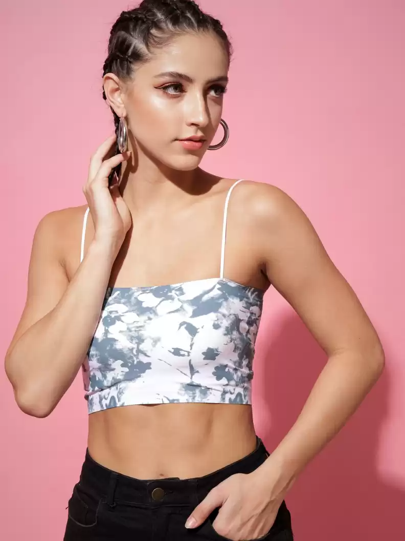 TANDUL  Casual Noodle Straps Printed Women Grey, White Top