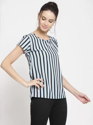 TANDUL  Casual Regular Sleeves Striped Women Light Blue, Black Top