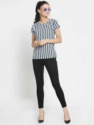 TANDUL  Casual Regular Sleeves Striped Women Light Blue, Black Top