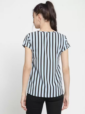 TANDUL  Casual Regular Sleeves Striped Women Light Blue, Black Top