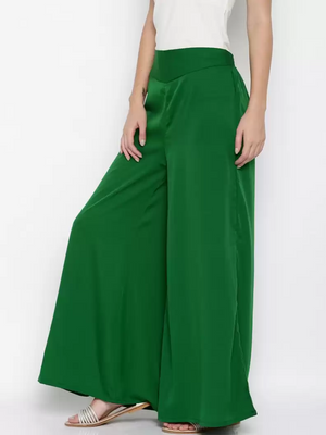 TANDUL  Flared Women Green Poly Crepe Trousers