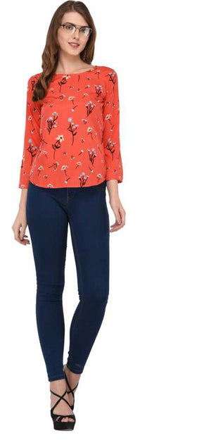 Casual Regular Sleeves Floral Print Women Orange Top