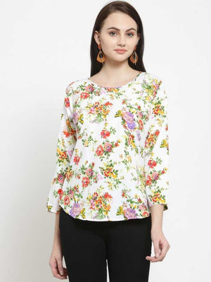 TANDUL  Casual Regular Sleeves Floral Print Women Multicolor, White Top