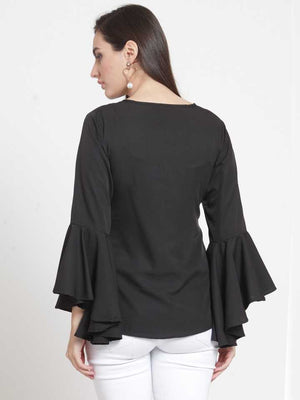 TANDUL  Casual Bell Sleeves Solid Women Black Top