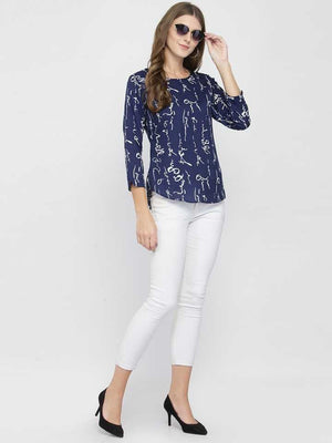 Casual Regular Sleeves Printed Women Blue Top