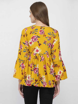 Casual Bell Sleeves Printed Women Yellow Top