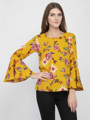 Casual Bell Sleeves Floral Print Women Yellow Top