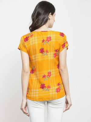 TANDUL  Casual Regular Sleeves Printed, Checkered Women Yellow Top