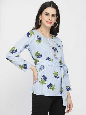 Casual Regular Sleeves Printed Women Light Blue Top