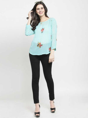 Casual Regular Sleeves Printed Women Blue Top