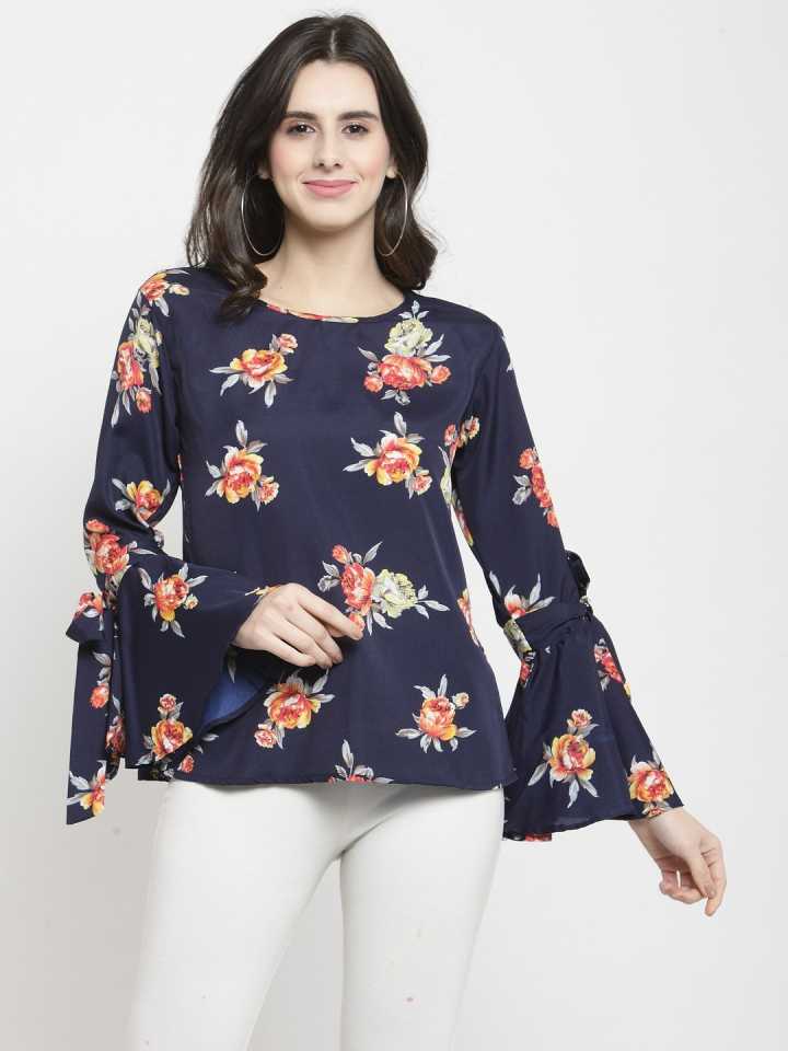 Casual Bell Sleeves Printed Women Blue Top