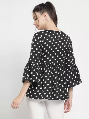 ZARVEY  Casual Bell Sleeves Printed Women White, Black Top