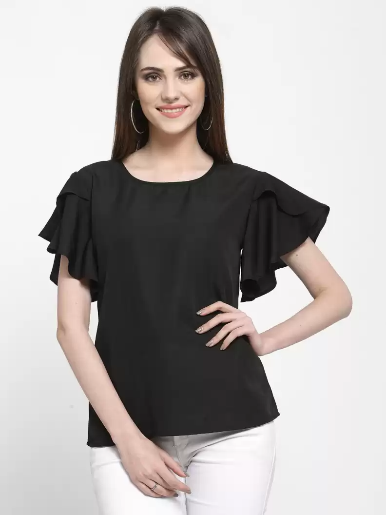 TANDUL  Casual Petal Sleeves Solid Women Black Top