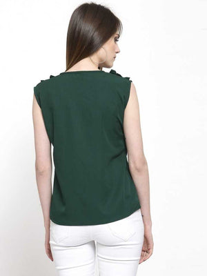 TANDUL  Casual Sleeveless Solid Women Dark Green Top