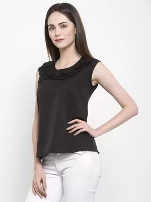 TANDUL  Casual Sleeveless Solid Women Black Top