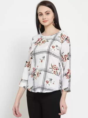 TANDUL  Casual Regular Sleeves Floral Print Women White Top